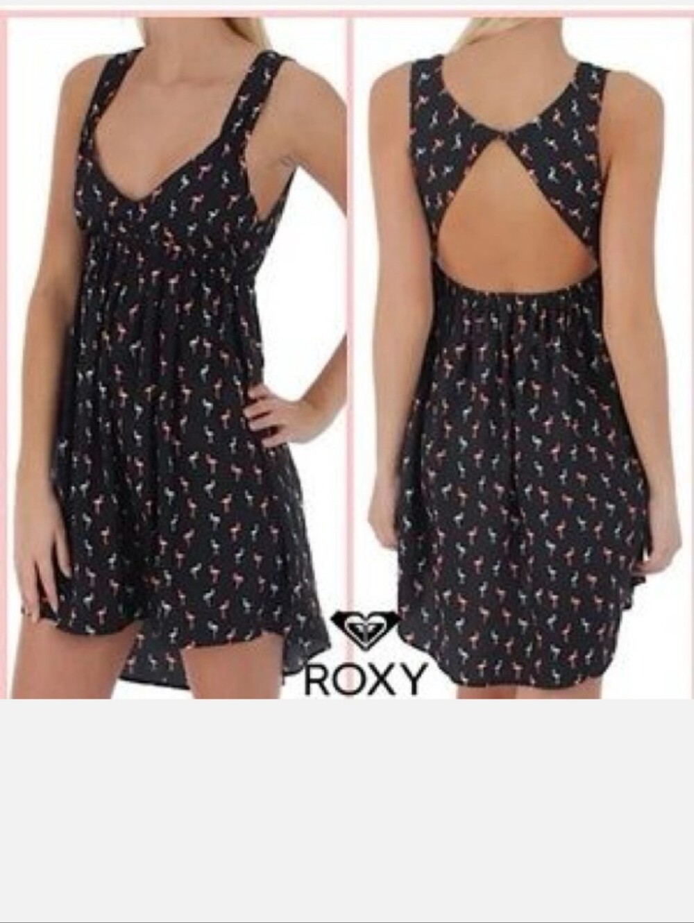 ROXY Strappy V Neck Flamingo mini dress with button back neck closure. Size XS